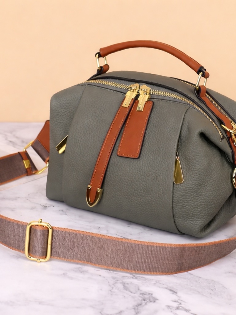 Green and tan purse multiple compartments pockets old money look